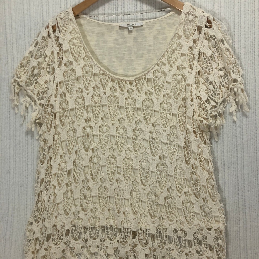 Miss Me‎ Crochet Fringe Top Bohemian Festival Layering Cream Women's Size Large